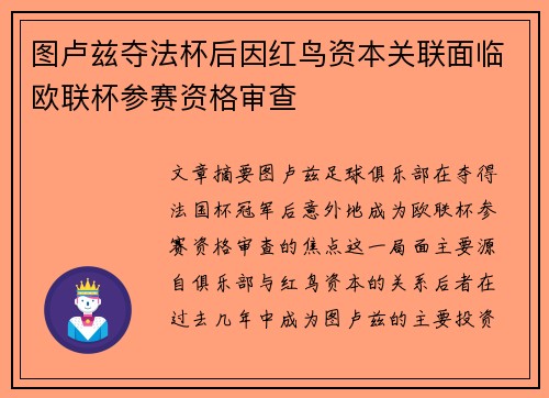 图卢兹夺法杯后因红鸟资本关联面临欧联杯参赛资格审查