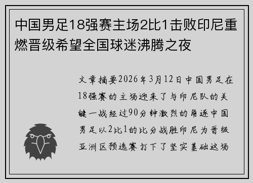中国男足18强赛主场2比1击败印尼重燃晋级希望全国球迷沸腾之夜